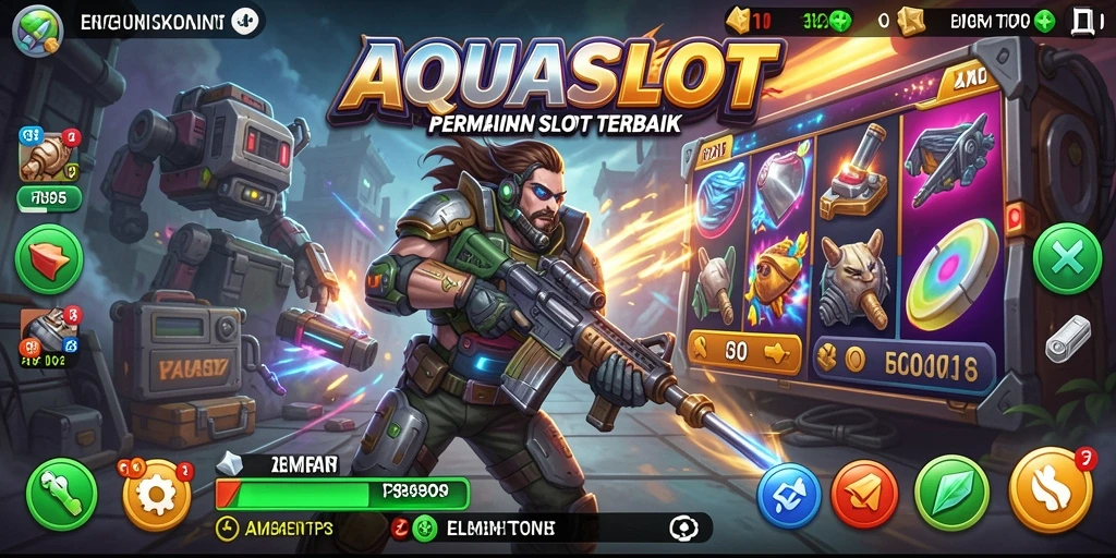 Tampilan menarik dari gameplay AQUASLOT yang memadukan slot dan pertarungan TPS.