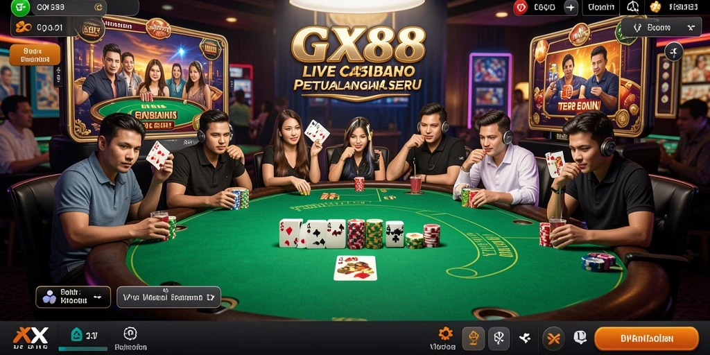 Screenshot gameplay GX88 yang menampilkan dealer profesional dan suasana kasino langsung.
