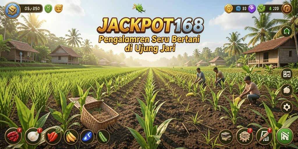Tampilan gameplay <strong>JACKPOT168</strong> yang menampilkan ladang dan kegiatan bertani.