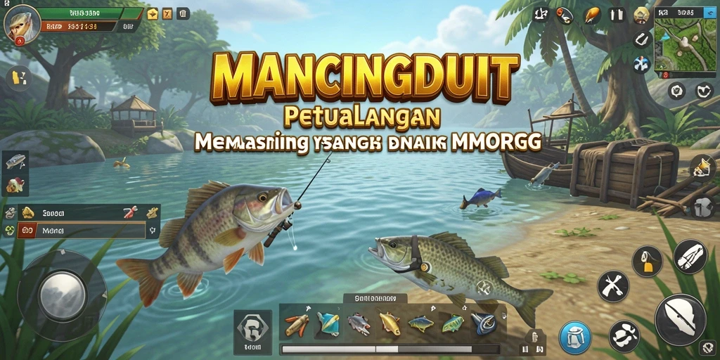 Screenshot gameplay MANCINGDUIT yang menunjukkan aktivitas memancing yang seru.