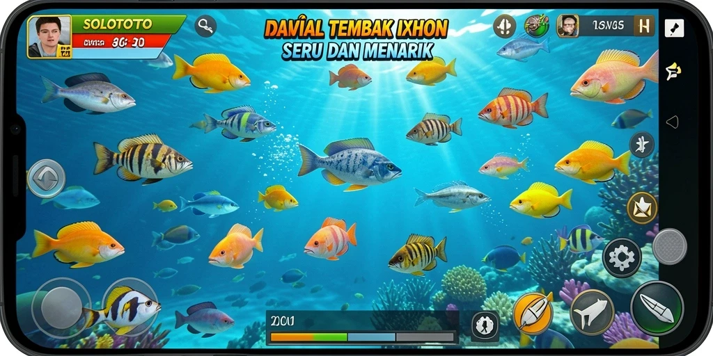 Screenshot gameplay <strong>SOLOTOTO</strong> menunjukkan aksi menembak ikan yang seru.